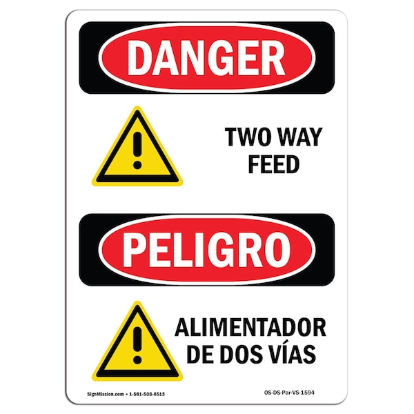 Safety Sign, OSHA Danger, 5" Height, Two Way Feed Bilingual Spanish, 10PK